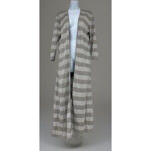 Garnet Hill Women’s Linen Sweater Long Cardigan Striped Duster 3/4 Sleeve Gray L